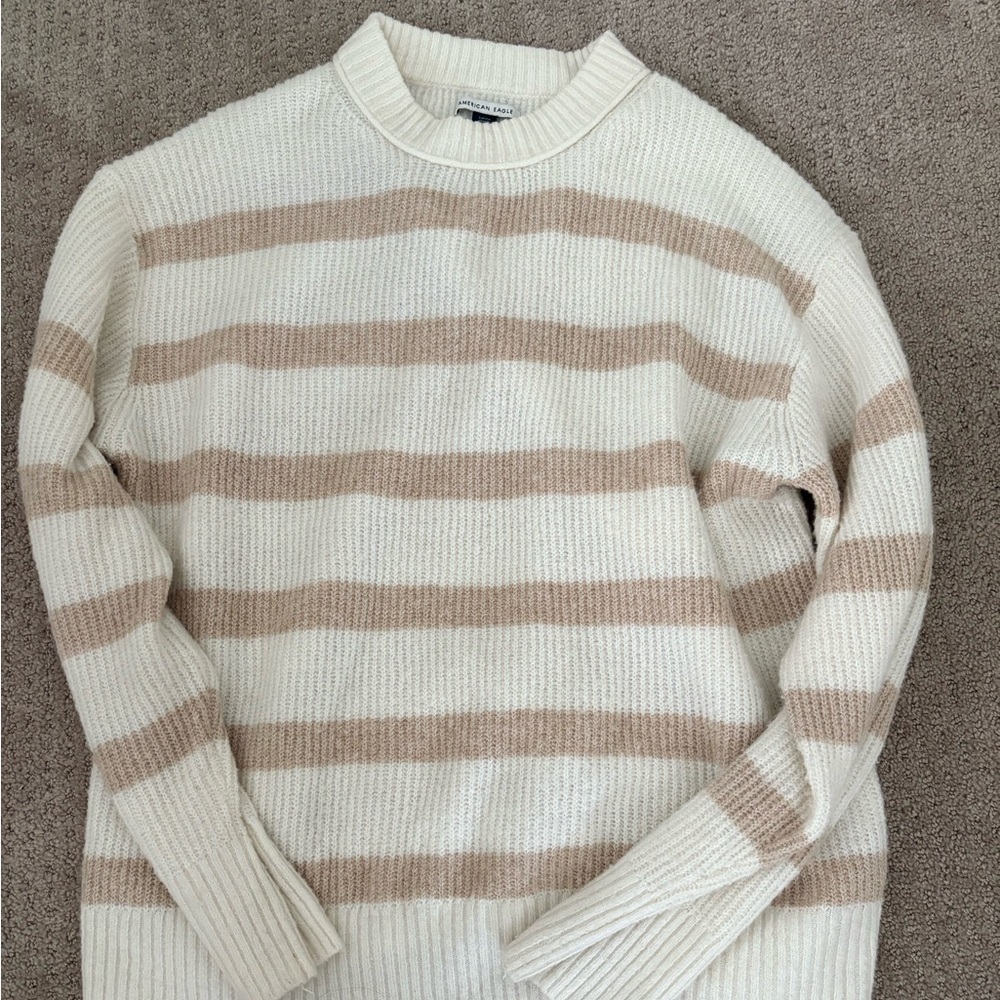 American Eagle Outfitters Cream and Tan Striped Sweater